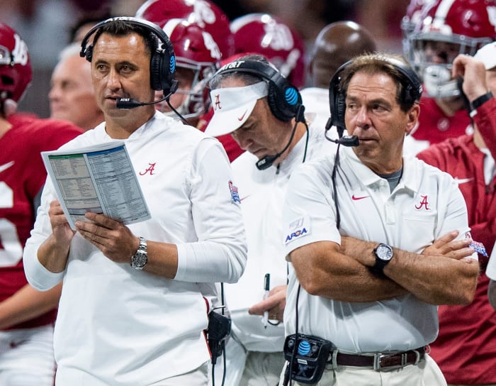 Alabama offensive coordinator Steve Sarkisian and head coach Nick Saban against Duke in the Chick-fil-A Kickoff Game at Mercedes Benz Stadium in Atlanta, Ga., on Saturday August 31, 2019.
